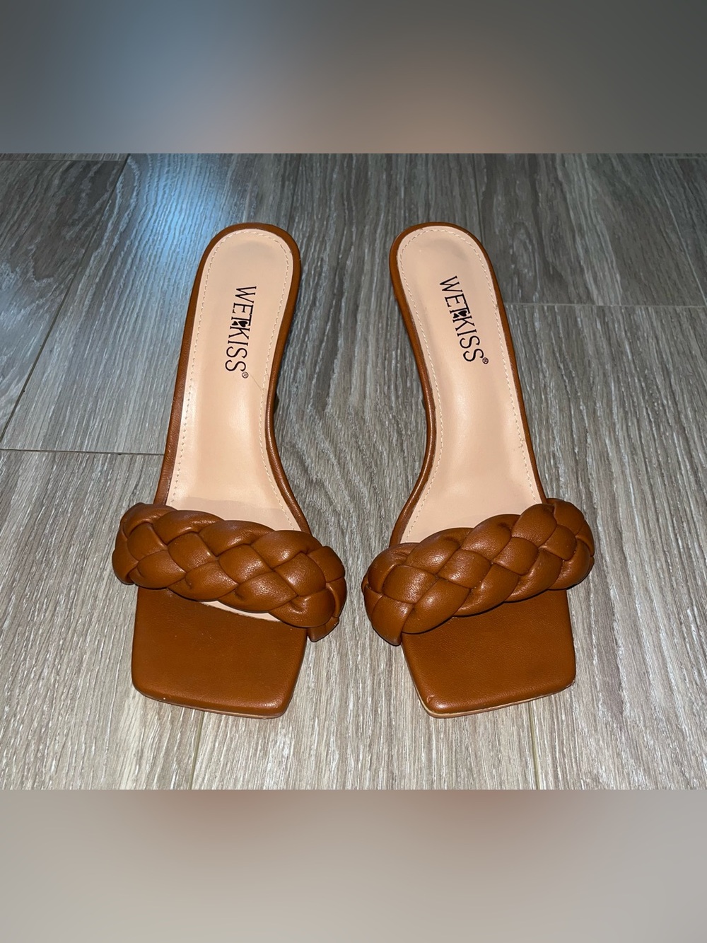 Kiss Braided Cognac Square-Toe Slide Sandals